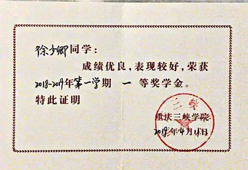 2018-2019第一学期一等奖学金证书
